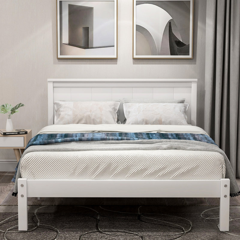Twin Platform Bed With Headboard, Steady Wood Slat Support, No Box Spring, White Shade Spring Required Robust Slat, Hue