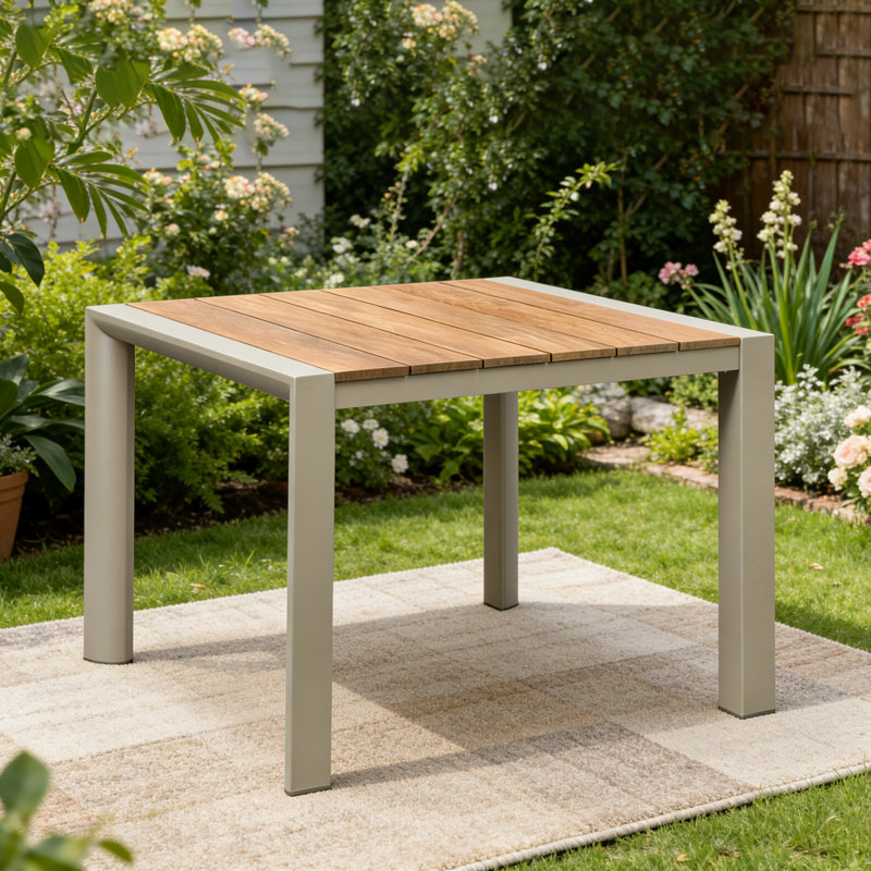 35.4" Square Patio Dining Table For 4-person, Aluminum Frame With Teak Table-top