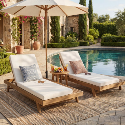 Lounge Chaise Set With Acacia Wood And Water-Resistant Cushions, Perfect For Outdoor Relaxation And Poolside Use