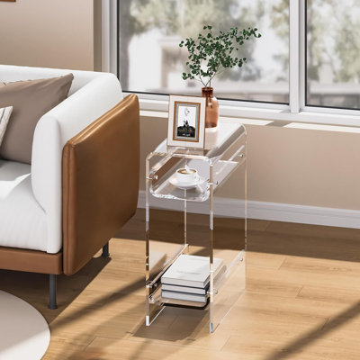 Modern Narrow Acrylic Side Table, 2 Open Storage Spaces, Beauty and Practicality Coexist.Suitable for Porch, Living Room and Bedroom to Decorate your Home.