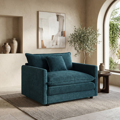 Fauteuil d'appoint surdimensionné à assise profonde avec coussin de dossier moelleux et revêtement richement texturé, bleu foncé