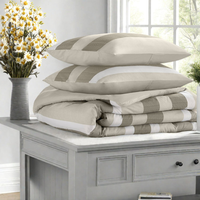 Neutral Stripe Textured 3-piece Bedding Sets, Polyester Comforter With Shams, Full/queen