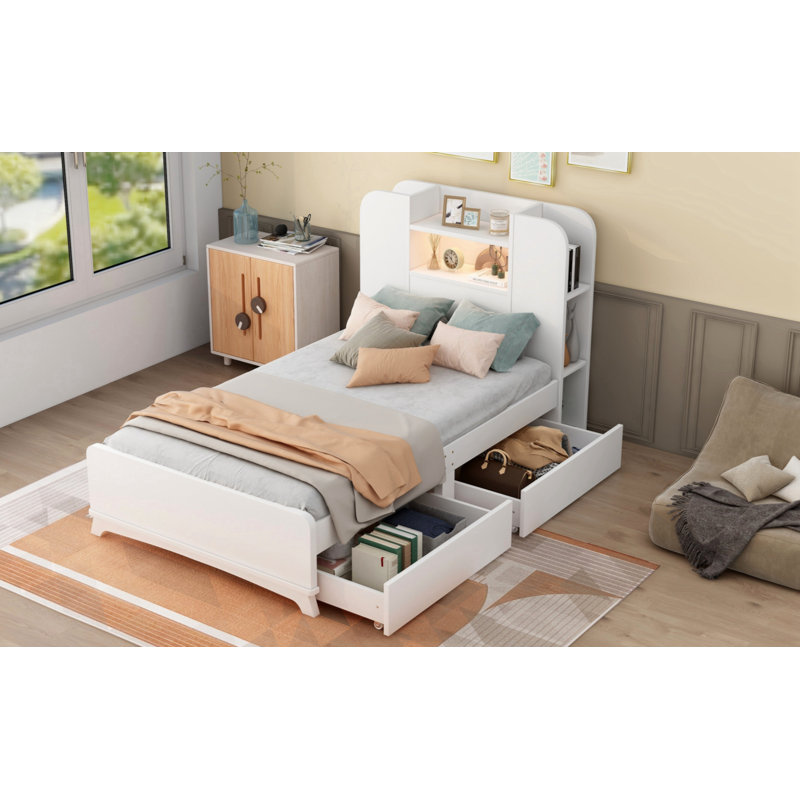 Base de lit plateforme avec rangement en bois avec 2 tiroirs et bande lumineuse Cortaz, Blanc