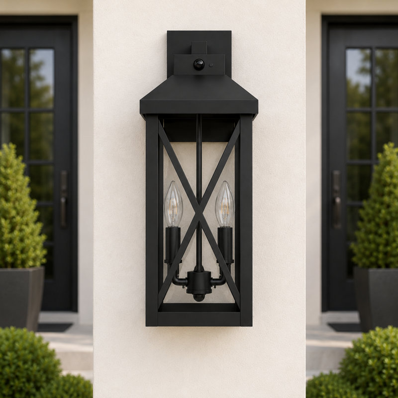 Applique murale d'extérieur en fer noir 18 po avec capteur de mouvement et crépuscule à l'aube, Matte Black