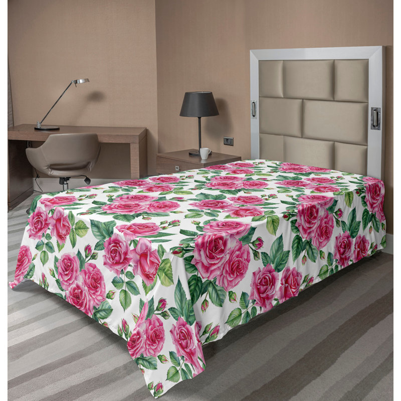 Drap Ambesonne roses roses jardin anglais fleurs magenta vert jade et blanc, Drap plat pour lit simple
