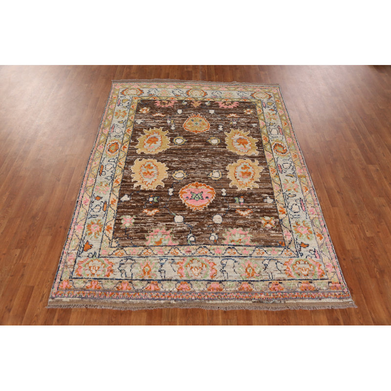 Tapis brun brun à motif de teinture végétale Oushak 6 x 8