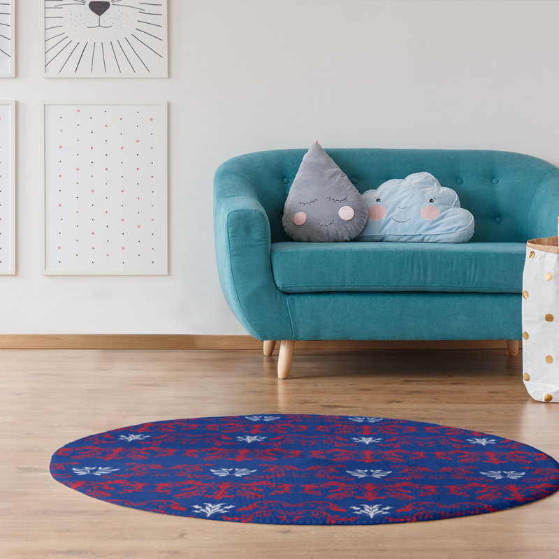 Tapis rond bleu damassé à motif baroque