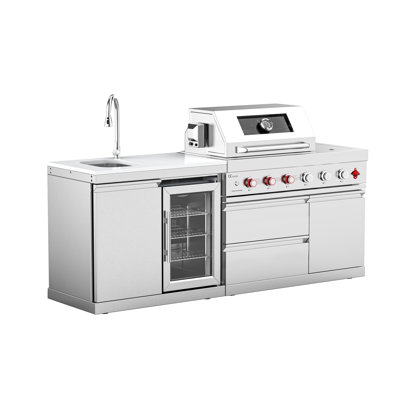 Vestivium 2-Piece Modular Outdoor Kitchen Island Set – All Stainless Steel System With 4-Burner Gas Grill, Side Burner & Rear Infrared Rotisserie Burner, Integrated Sink & Refrigerator, White Quartz Countertop