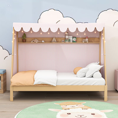 Lit simple TG en bois avec lit gigogne, tablettes, bande DEL et tente