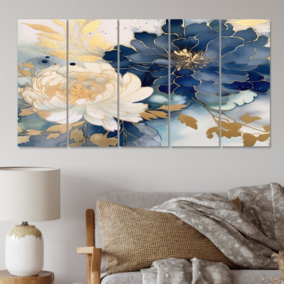 Fleur de chrysanthème bleu en fleurs III - art mural sur toile fleurs - 5 panneaux égaux