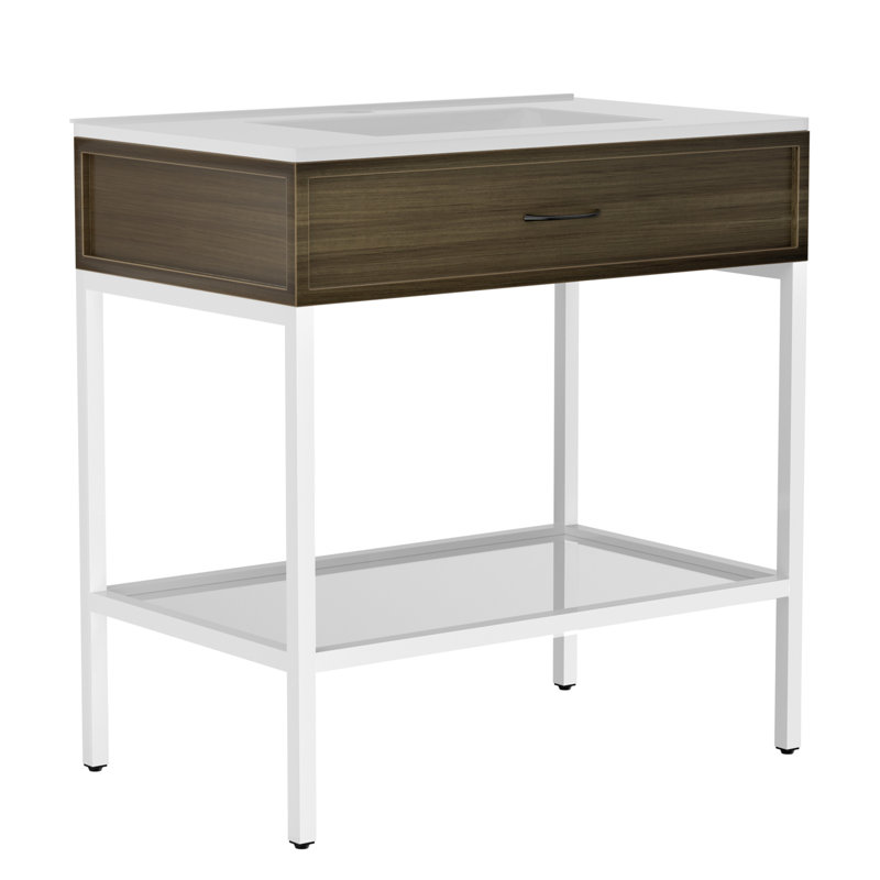 30" Bathroom Vanity With Resin Sink,Stainless Steel Frame With Tempered Glass Open Shelf, White