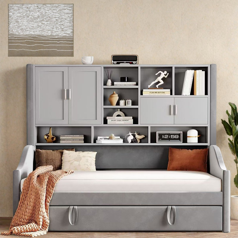 Upholstered Daybed With Led Armrest Lights, Storage Shelves And Cabinets, Beige