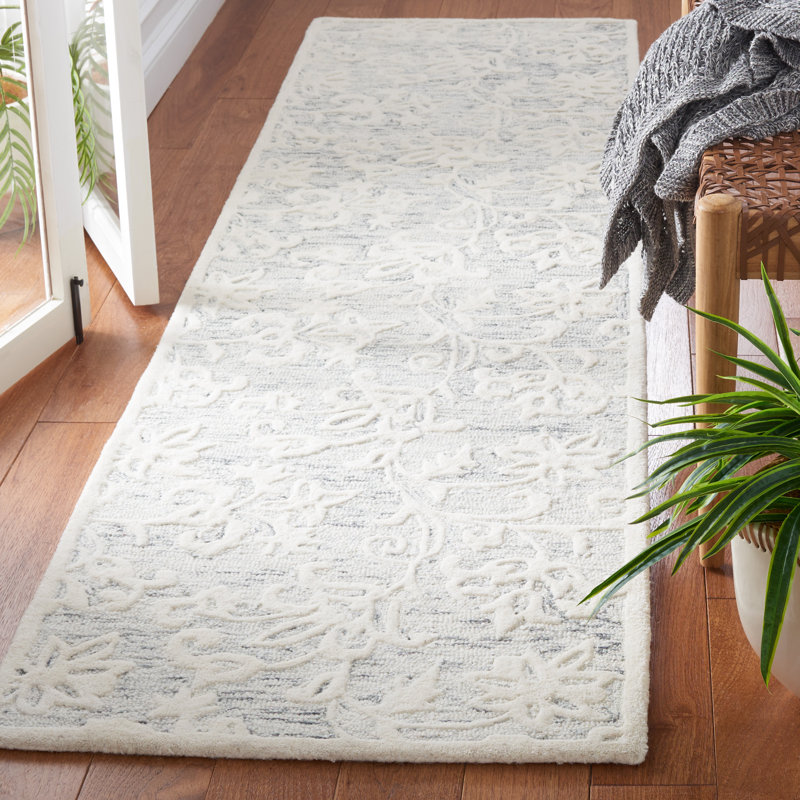 Tapis floral gris / ivoire en laine touffeté à la main Abdouallah, Tapis de couloir 2 pi 3 po x 9 pi