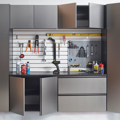 Armoire de garage - Série murale en gris métallique, fermeture en douceur, rangement en profondeur, eau et chaleur, gris anti-taches avec action, compartiments de rangement supplémentaires, résistance à l'eau, à la chaleur, aux taches et