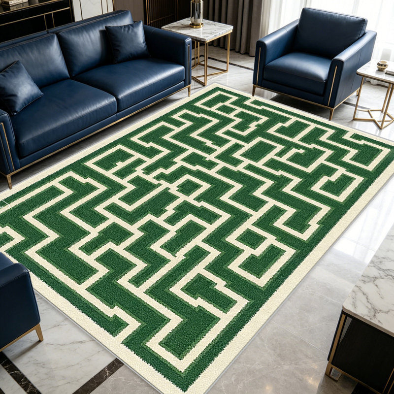 Green Greek Maze carpet-easy to clean, machine-washable, soft and comfortable; suitable for door mats, kitchens, living rooms, bedrooms, corridors, and laundry areas. Easy to clean, durable carpet for home decoration.