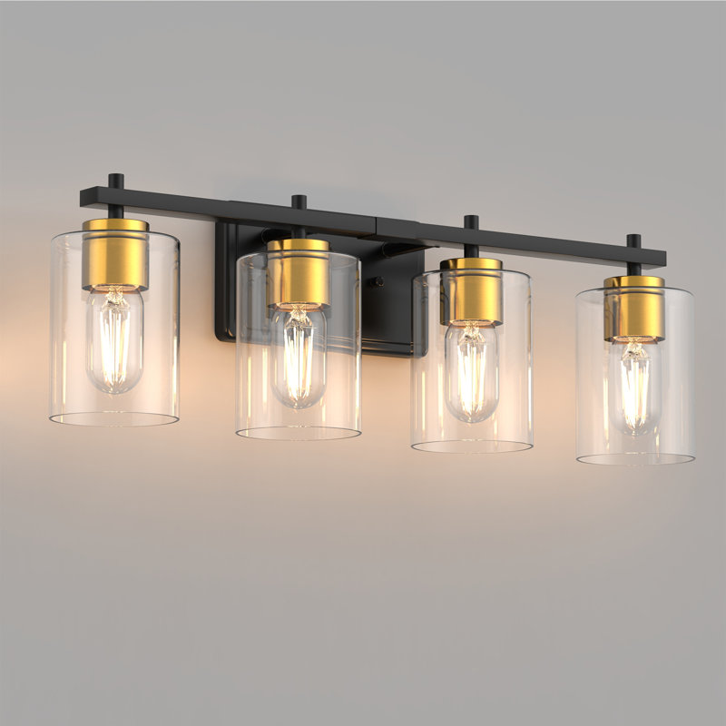 4-Light Glass Shade Bathroom Vanity Lights Dimmable, Brushed Gold, Clear