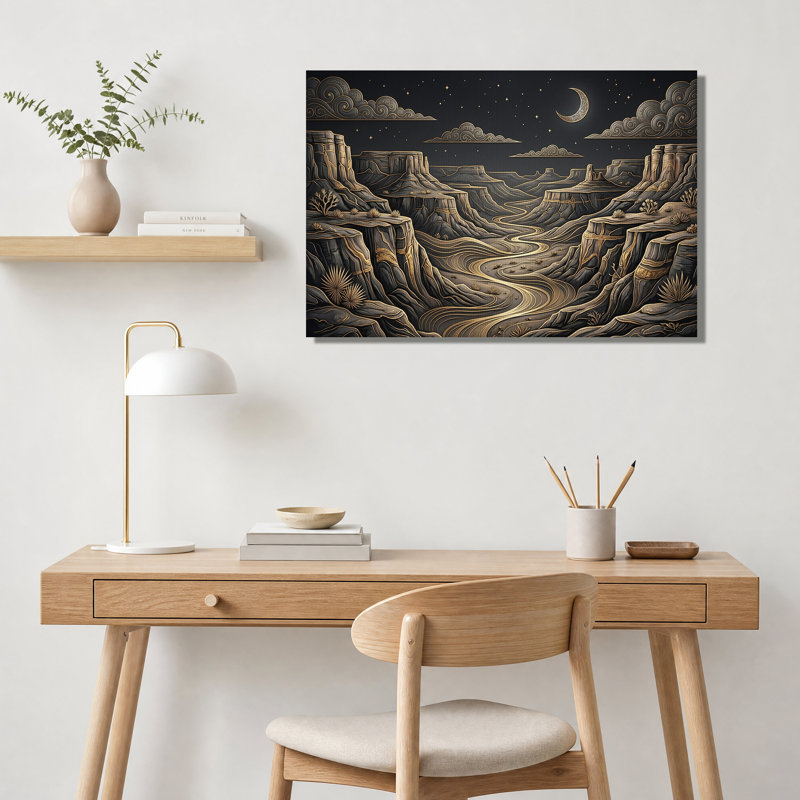 Paysage de canyon aux contours dorés sous un croissant de lune - Tableau sur toile, H 36 po x l 48 po