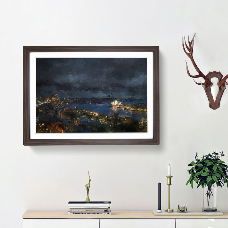 Sydney Skyline at Night in Abstract - Picture Frame Graphic Art Print, 27cm H x 36cm W x 2cm D, Walnut Framed
