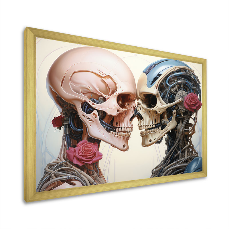 «Cybernetic Robot Skull Love With», art mural Science Fiction, Cadre doré à coins fermés, H 24 po x l 32 po x P 1 po
