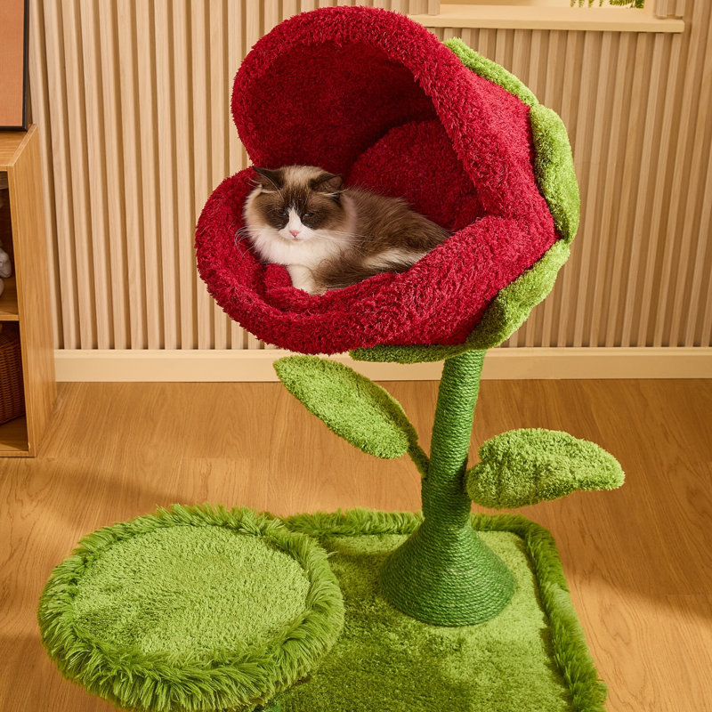 41.7" Large Red Carnivorous Flower Cat Tree with Enclosed Bloom Bed, Stable Multi-Level Structure for Cat Safe Climbing and Play