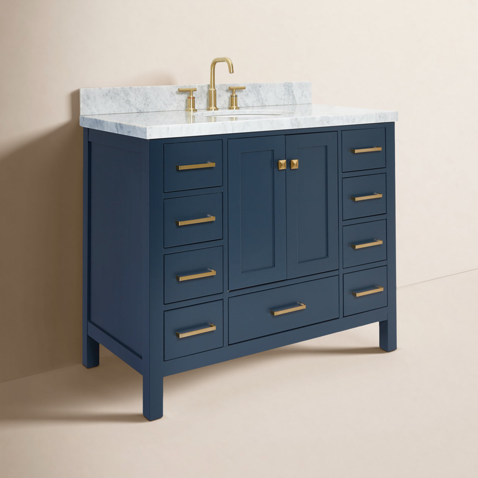 Cambridge 43'' Single Bathroom Vanity, Midnight Blue / Satin Brass, Oval