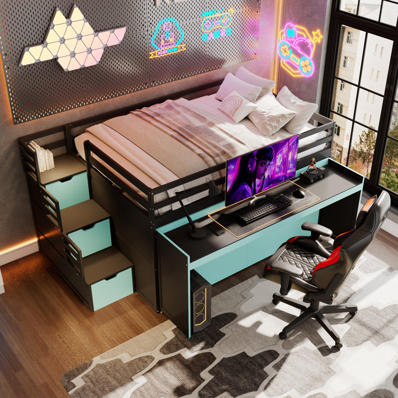 Lit double mezzanine double avec bureau coulissant et lit gigogne simple, lit superposé multifonctionnel avec 2 tiroirs de rangement et marches de rangement, cadre de jeu et de poste de travail peu encombrant, noir et bleu
