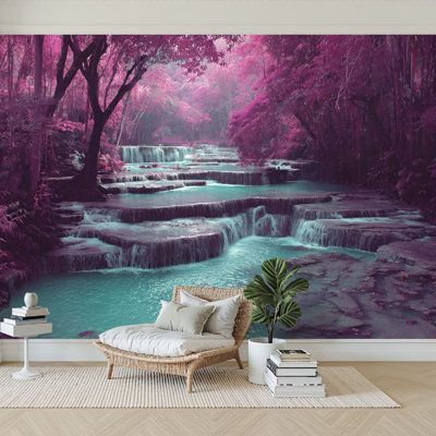 Peel and Stick Wallpaper 96" W x 69" H Modern Self Adhesive Wall Mural for Bedroom Forest Waterfall Pool Blossom Trees Sunlight Rainbow Light Refraction