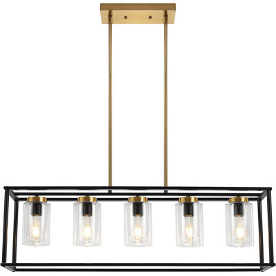 Luminaire suspendu moderne 5 lumières pour îlot de cuisine et salle à manger, lustre industriel à hauteur réglable avec abat-jour en verre transparent