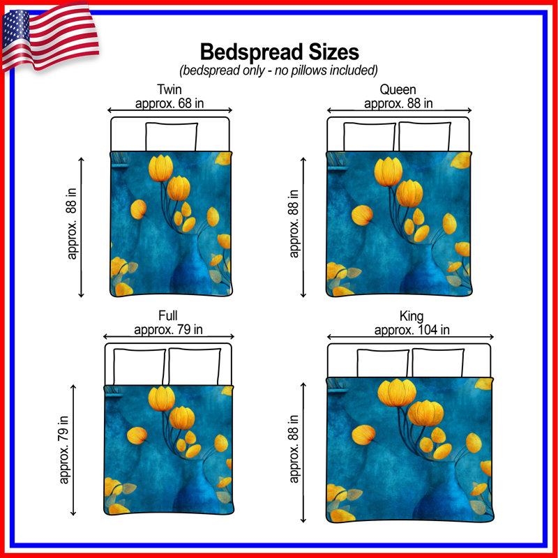 Couvre-lit matelassé tulipes jaunes sur fond bleu, Grand lit