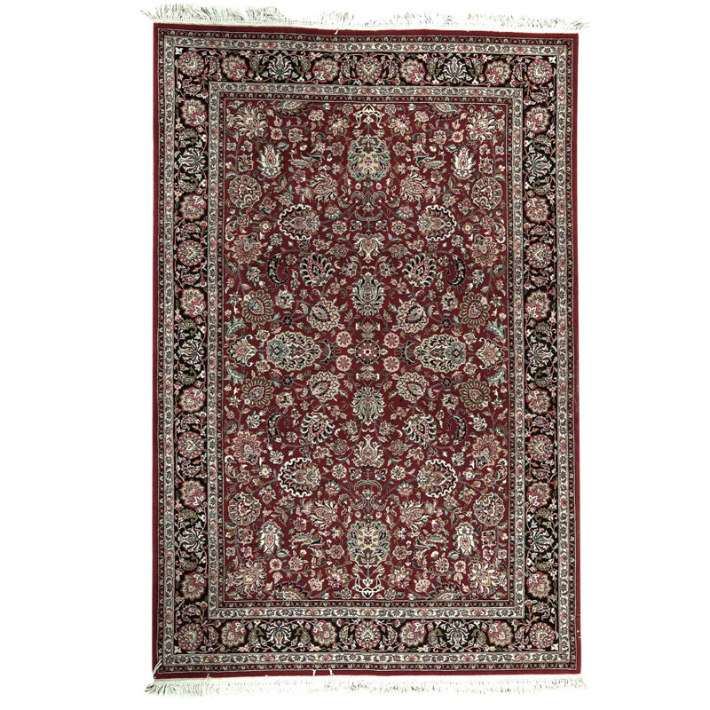 Tapis noir / rouge / ivoire en laine noué à la main de conception unique 6 pi x 9 pi