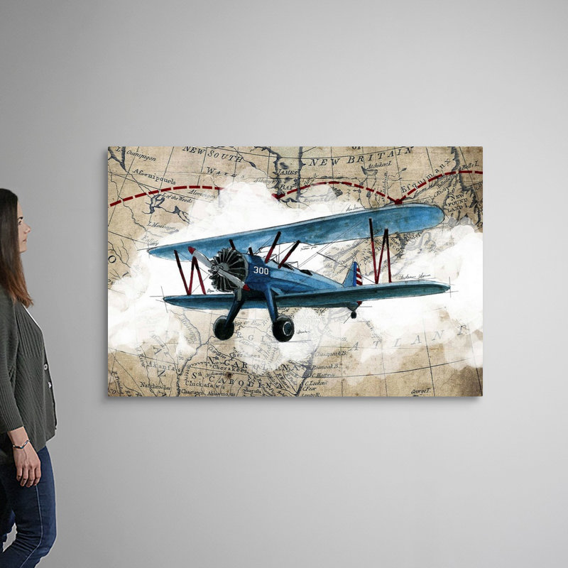 Biplane 1-impression d’art graphique sur toile, H 40 po x l 60 po x P 1,25 po, Toile tendue