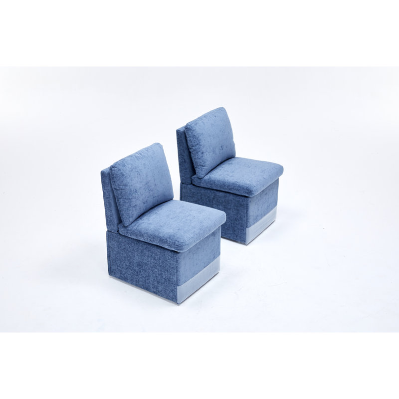 Linen Upholstered Armless Dining Chair With Casters And Storage Space-Set Of 2, Blue