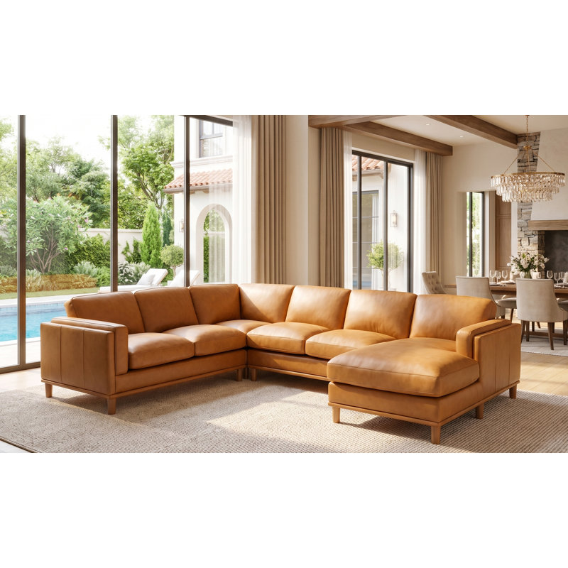 Upholstered U-Shaped Sectional Right Hand Facing, Ginger Leather Match