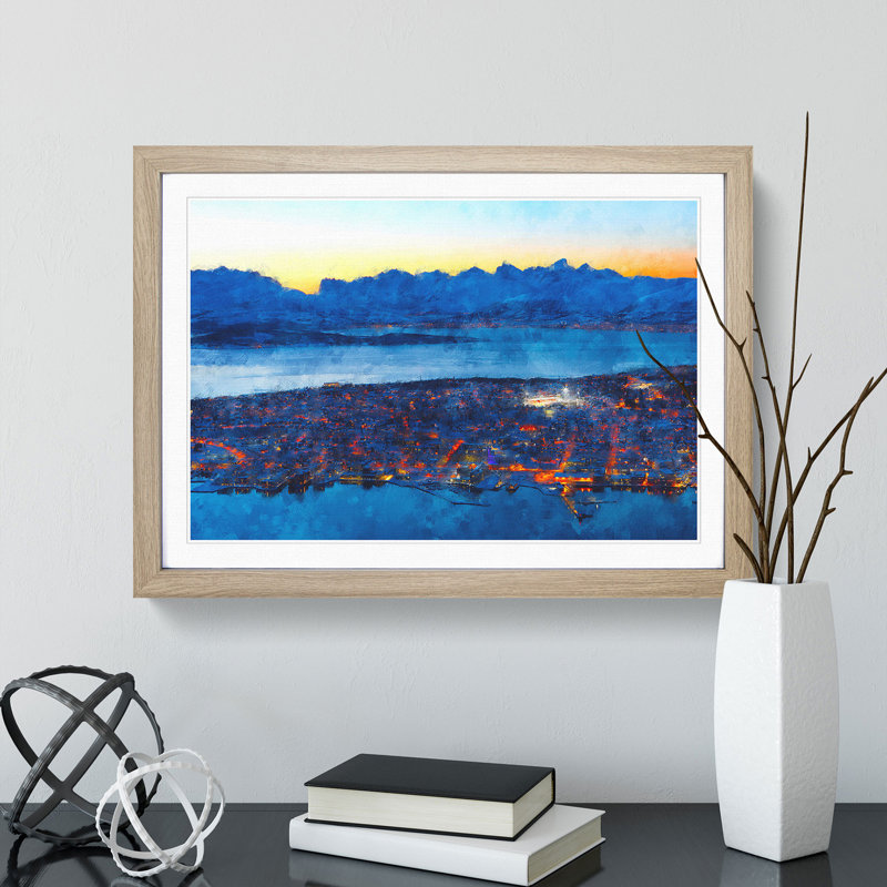 Tromso Skyline in Norway - Picture Frame Graphic Art, 36cm H x 48cm W x 2cm D, Oak