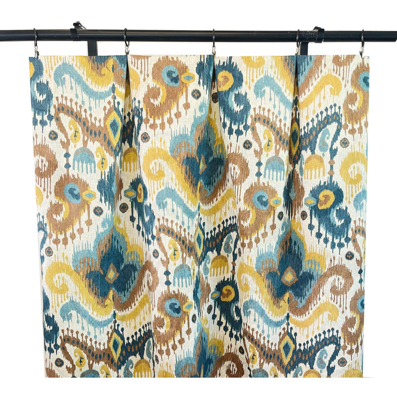 Teal Blue Mustard Yellow Damask Ikat Paisley Print Curtain Panels, 50" W x 60" L