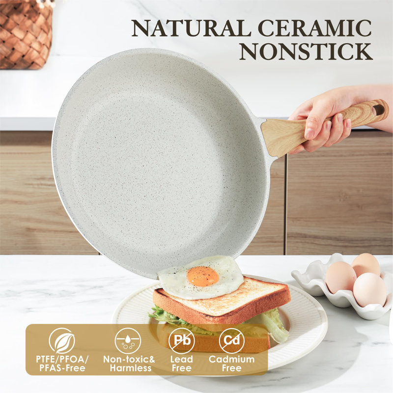 12.5 Inch White Ceramic Nonstick Frying Pan with Woodgrain Handle