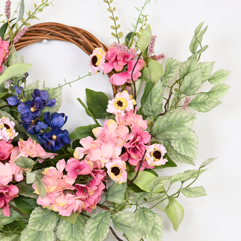 Couronne de porte artificielle 24 po printemps été, Vert/Rose/Bleu