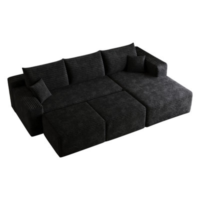 Canapé modulaire 95 po avec 2 repose-pieds Cloud, coussins rembourrés minimalistes modernes, canapé en U confortable pour le salon, canapé d'angle à assise profonde, aucun assemblage requis, noir (tissu en velours côtelé moelleux)
