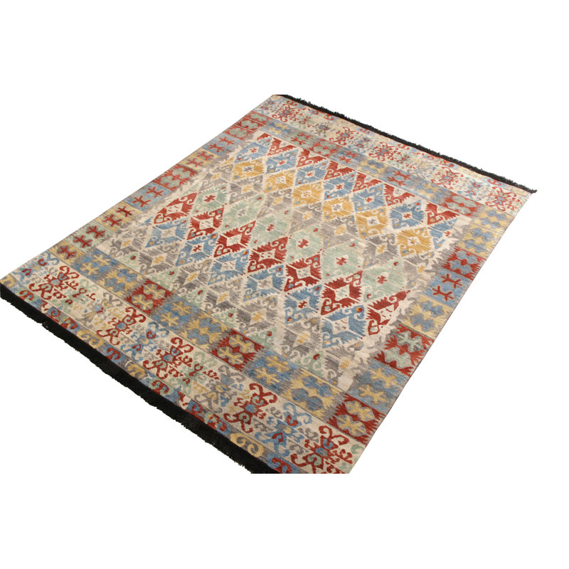 Rug & Kilim’S Classic Turkish Custom Rug In Blue-Gray Geometric Pattern, Rectangle 5' x 7'