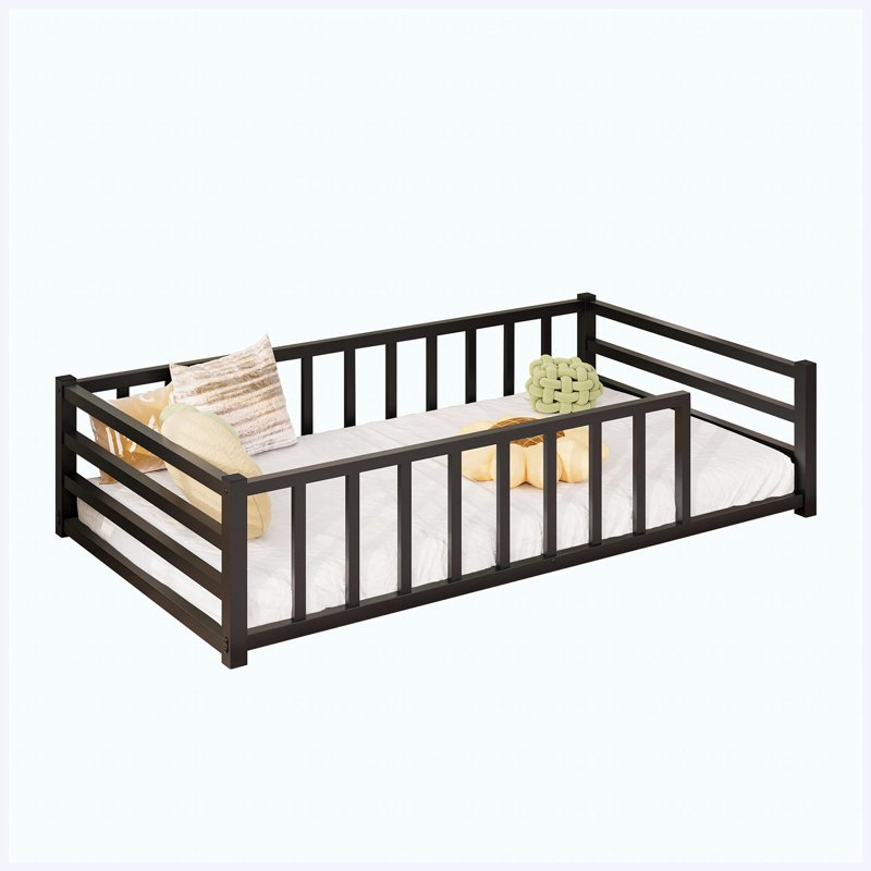 Lit simple noir Montessori avec rails et porte, Lit simple