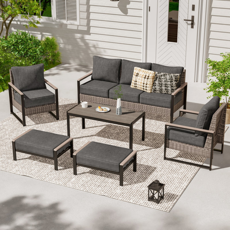 Ensemble de canapé en rotin 6 pièces, osier en rotin PE avec table pour patio, terrasse et cour, Noir, noir, noir, noir