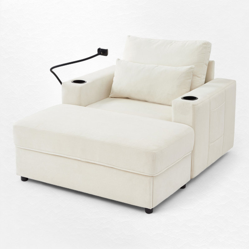 Upholstered Armchair With Storage Ottoman & USB Ports, Beige