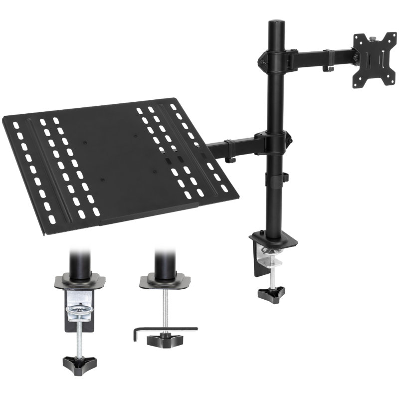 Adjustable Black Dual Laptop and Monitor Desk Mount with Ventilated Tray
