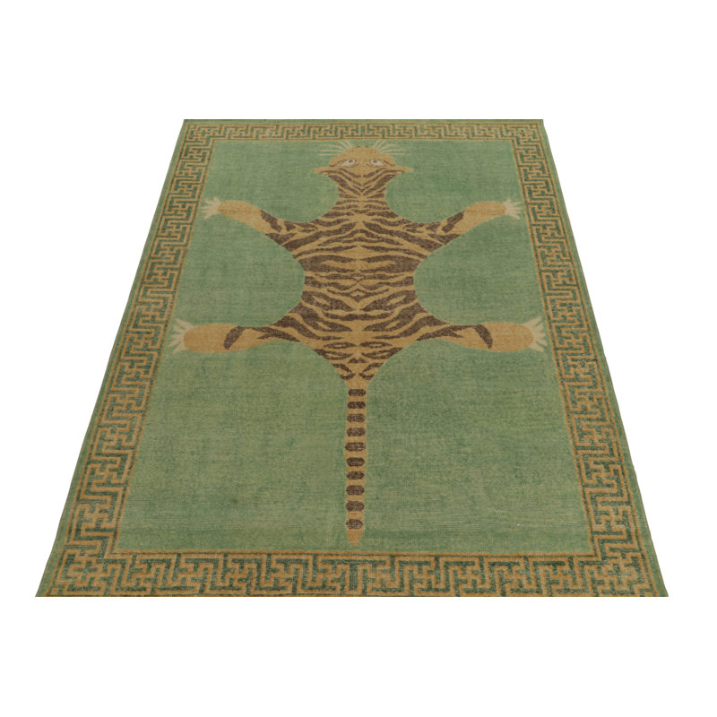 Rug & Kilim’S Distressed Tiger Skin Rug In Green, Beige & Black Pictorial, Rectangle 13' x 19'