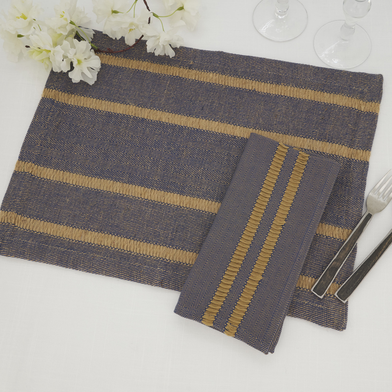 Reversible Jute Placemat and Napkin Set, Navy