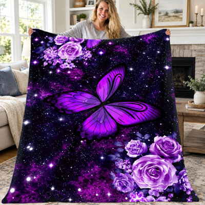 1 pièce de couverture papillon mauve, jeté floral étoiles galaxie nébuleuse de l'espace, couverture chaude douce et confortable pour canapé-lit, salon, bureau, cadeau de décoration intérieure toutes saisons,