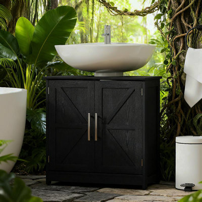 Armoire de rangement à piédestal, lavabo de salle de bain avec 2 portes de grange et tablette réglable (sans lavabo)