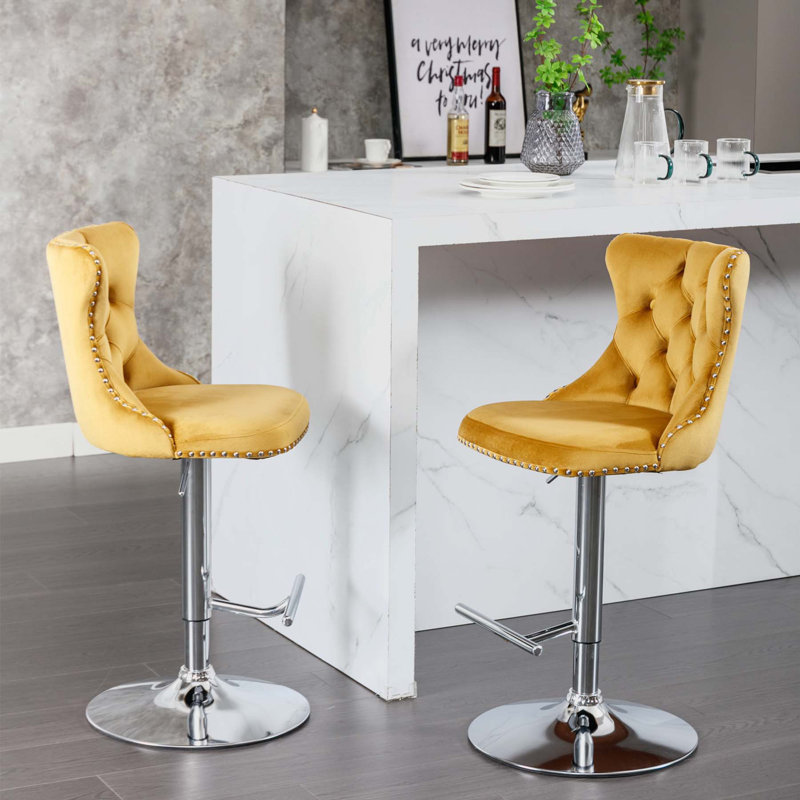 Tabourets de bar pivotants en velours, 2, Argent argent, Jaune