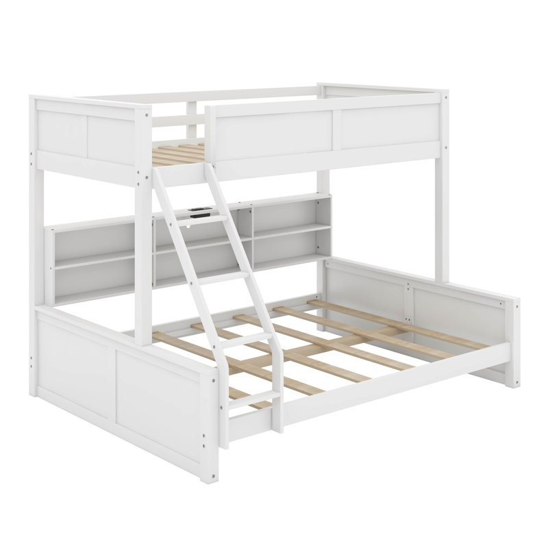 Lit simple superposé au-dessus de grand lit simple avec armoires et port USB, Blanc antique