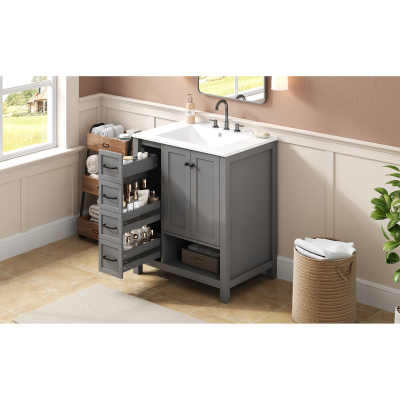 30" Bathroom Vanity with Sink Top, Bathroom Vanity Cabinet with Two Doors and Two Drawers, Solid Wood, Open shelf, MDF Boards, One Package